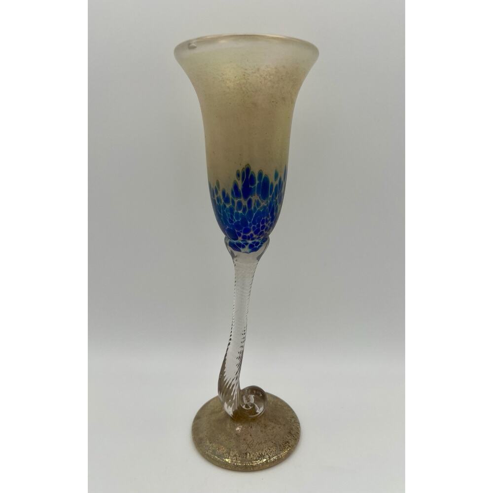 Brioni Art Glass Blue Iridescent Oil Spot 5oz Wine Glass Champagne Flute Signed